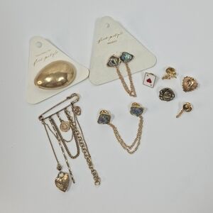 Free People Brooch Pin Lot of 9 Gold Tone Style Charm Chain Tavi Moody Medley